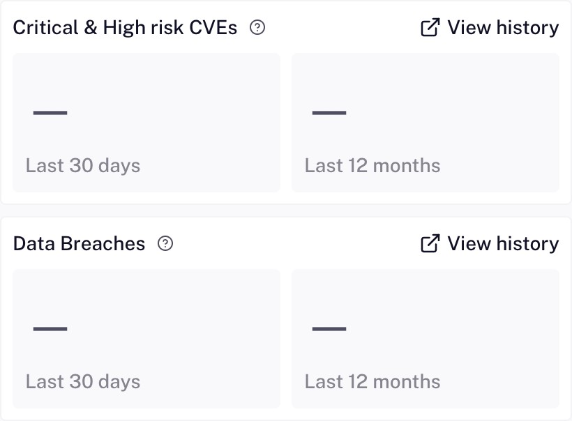 CVE and data-breach cards with links to their records