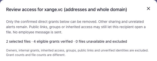 Google Drive recipient preview showing selected files, eligible grants and unavailable files