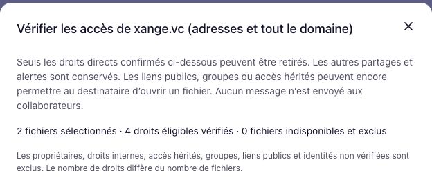 Aperçu Google Drive indiquant les fichiers sélectionnés, les droits éligibles et les fichiers indisponibles
