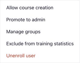 The user actions menu offers Allow course creation separately from Promote to admin.
