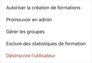 Le menu utilisateur distingue Autoriser la création de formations de Promouvoir en admin.