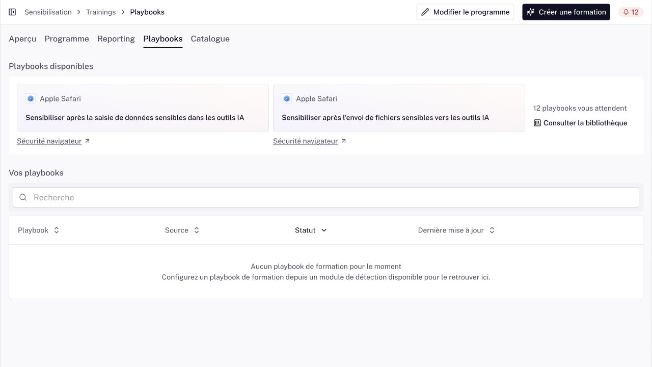 Playbooks de formation avec la bibliothèque disponible, les liens vers les modules de détection et la liste des playbooks configurés